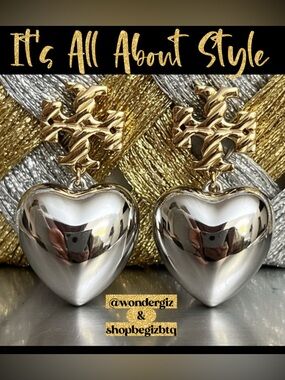 Gold Logo Drop Heart Earrings - Shiny Silver Hearts